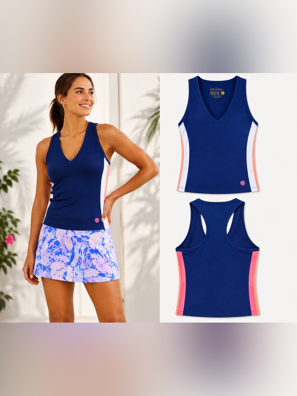 Lilly Pulitzer Luxletic Vanti Bra Tank UPF 50+ Oyster Bay Navy L
